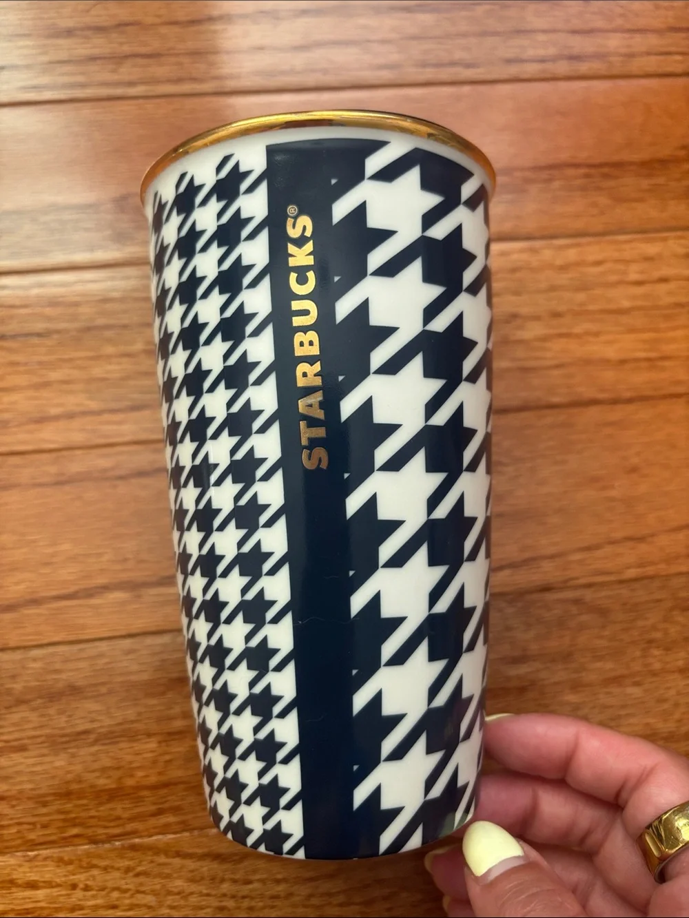 Starbucks Navy & White Houndstooth Dot Collection 12 oz Ceramic Tumbler Mug